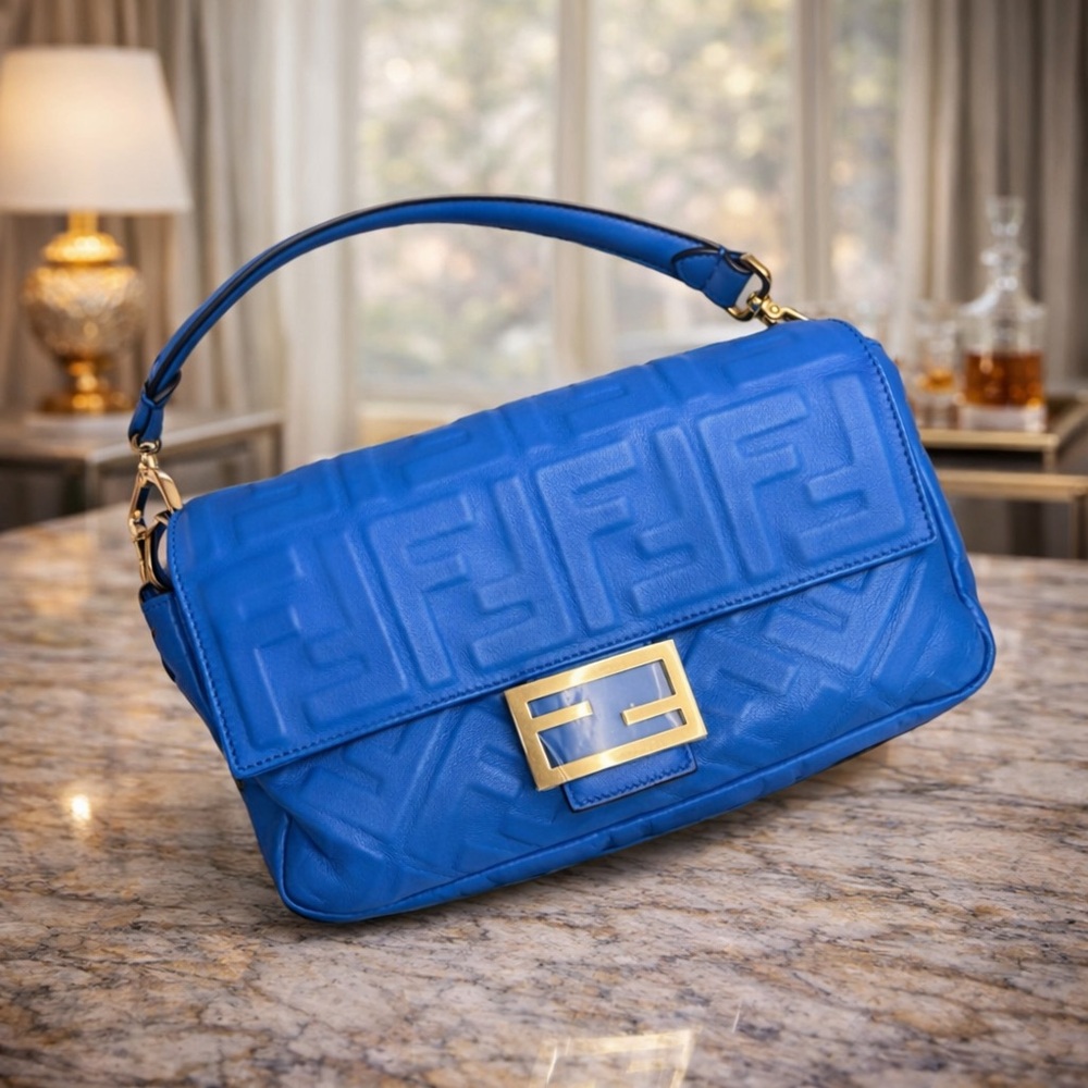 Fendi Medium Blue Napa Leather Baguette Shoulder & Crossbody Bag - A+
